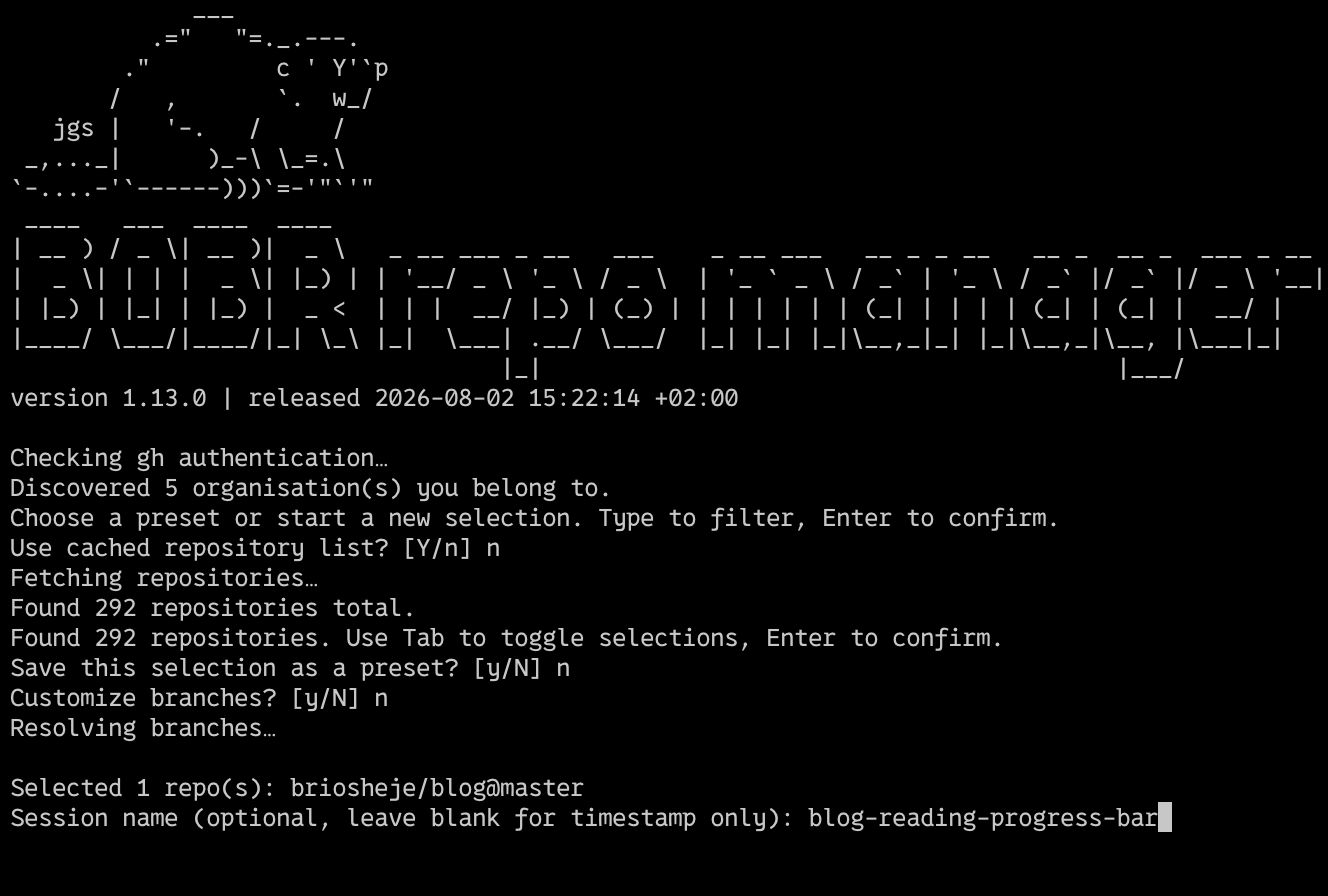 Agent repo manager prompt for session name blog-reading-progress-bar after selecting the blog repository