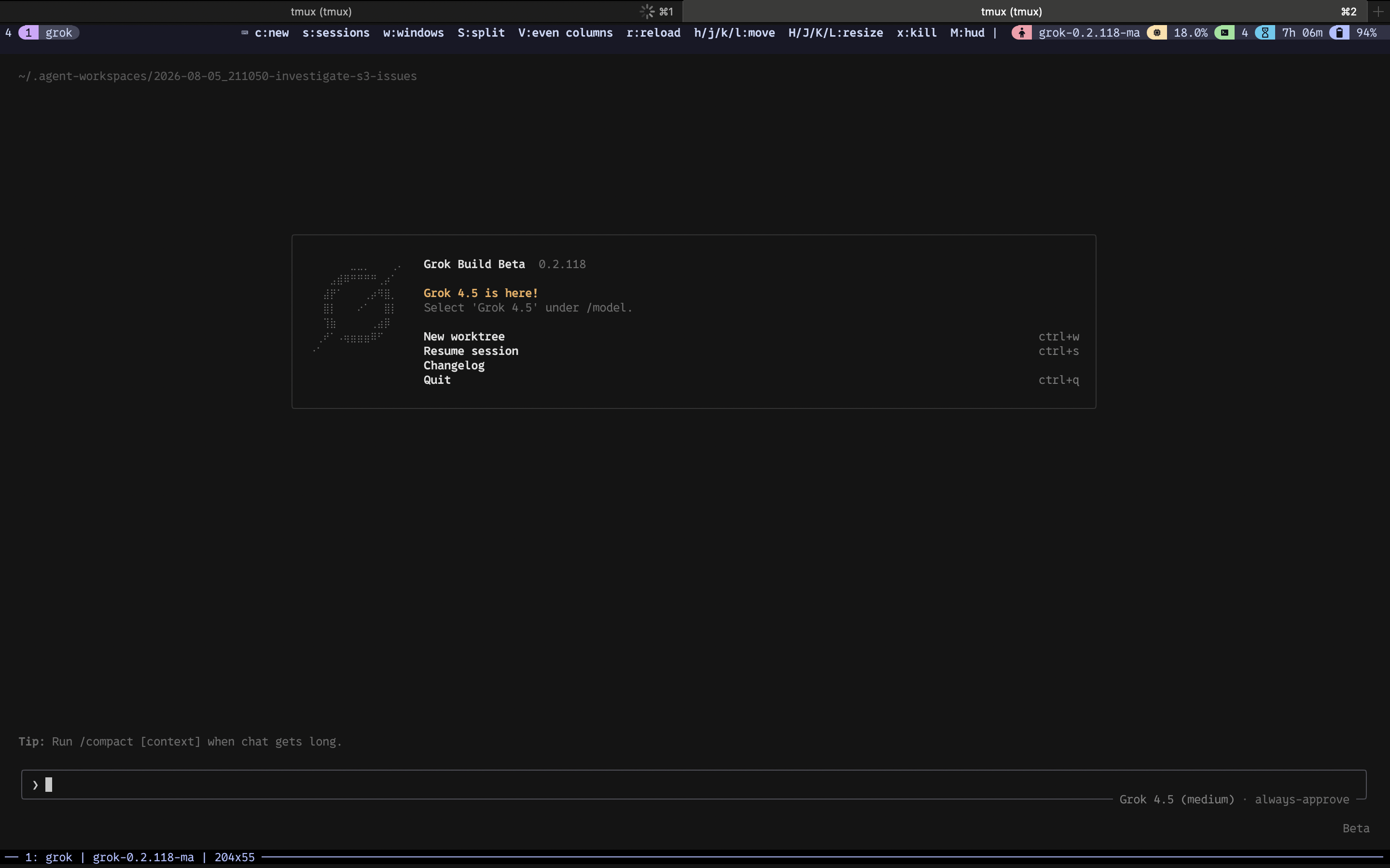 tmux session named grok showing Grok Build Beta in an agent-workspaces directory for a single feature investigation